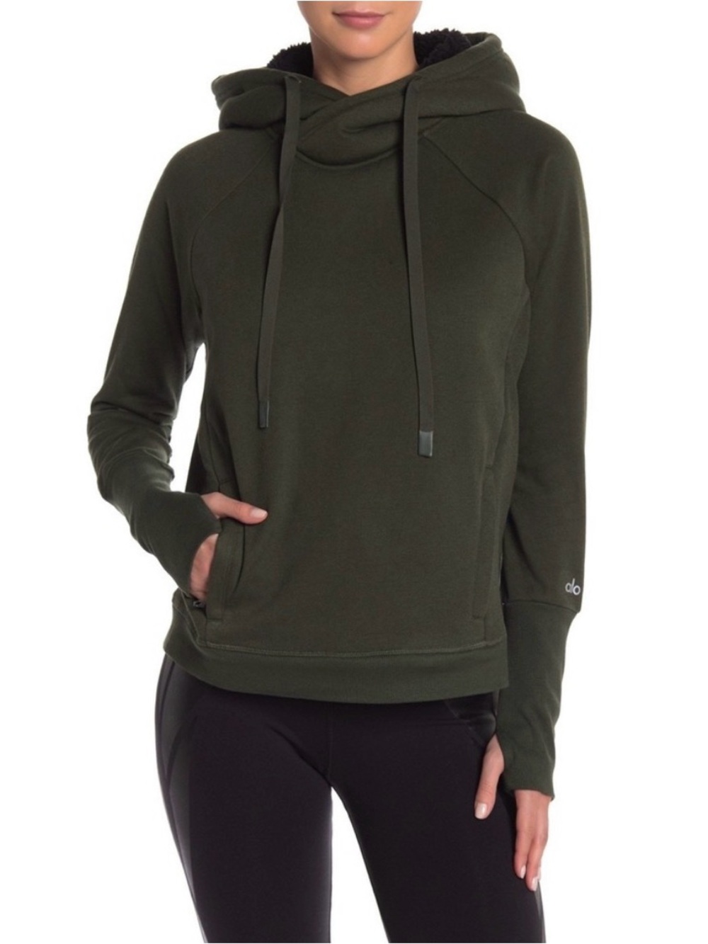 ALO Yoga Frost Long Sleeve Shearling Lined Hoodie Dark Olive Medium Hiking